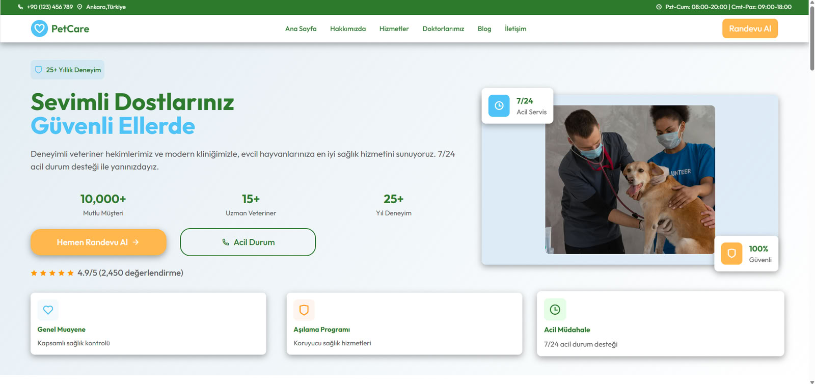 Veteriner kliniği web sitesi demo ekran görüntüsü